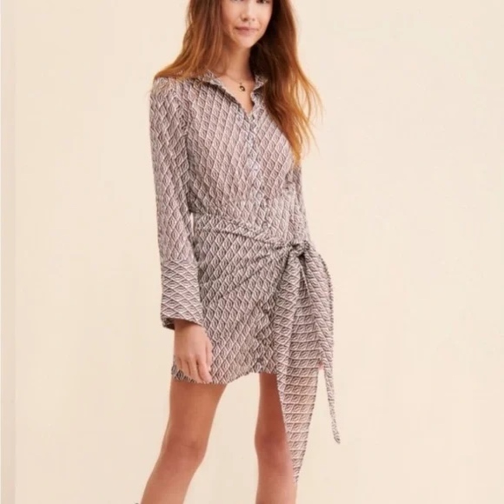 Free People Brown and White Geometric Shirt Dress